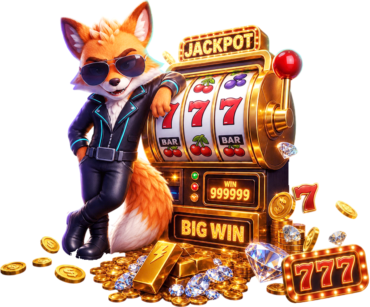 Mania Jackpot fox character with jackpot slot machine
